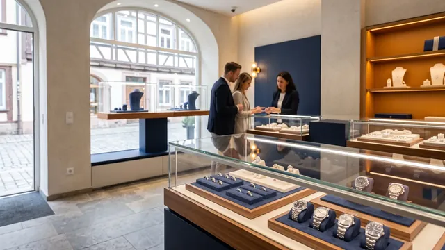 Beratung im Verkaufsraum eines Juweliers mit Schmuck und Uhren, Symbolbild