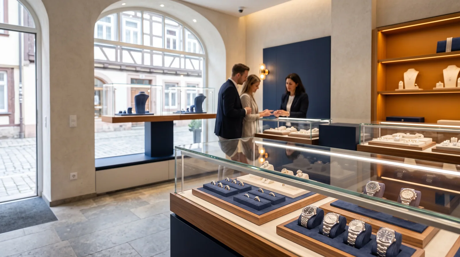 Beratung im Verkaufsraum eines Juweliers mit Schmuck und Uhren, Symbolbild